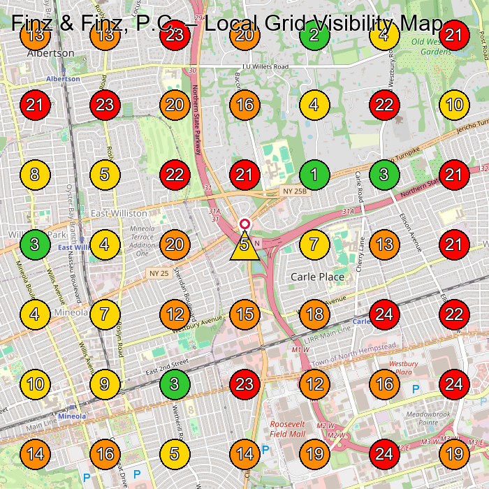 Finz & Finz, P.C. Personal Injury Attorney GeoGrid ranking map for Mineola NY